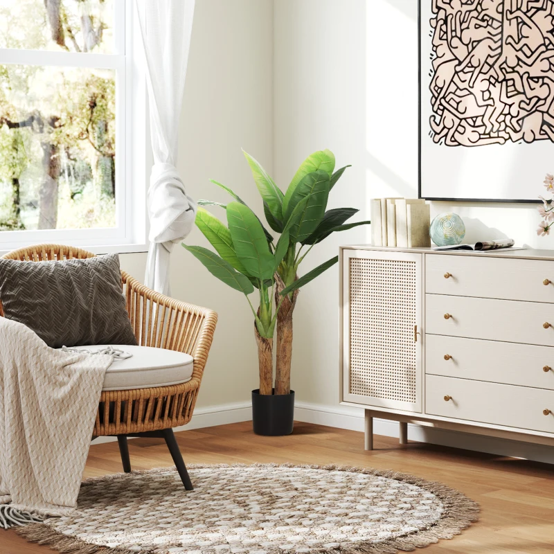 HOMCOM Planta Artificial Bananera de 120 cm con Maceta y 15 Hojas Realistas Planta Tropical Sintética para Decoración Interior
