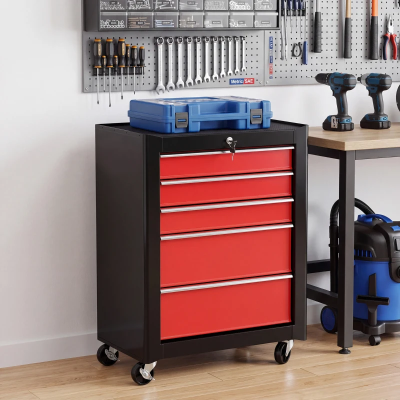 HOMCOM 5-Drawer Tool Chest, Lockable Steel Tool Storage Cabinet with Wheels and Handle Tool Box for Garage, Workshop, Red