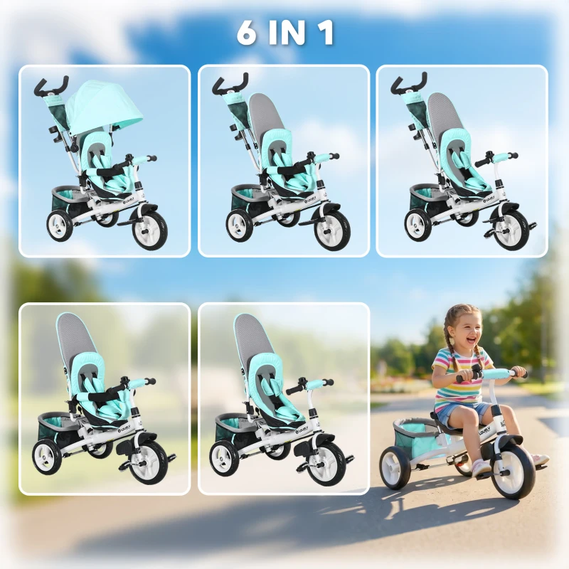 HOMCOM 6 in 1 Kids Trike with Parent Handle, Canopy, 5-point Seat Belt, Storage, Footrest, Brake, for 1-5 Years, Green
