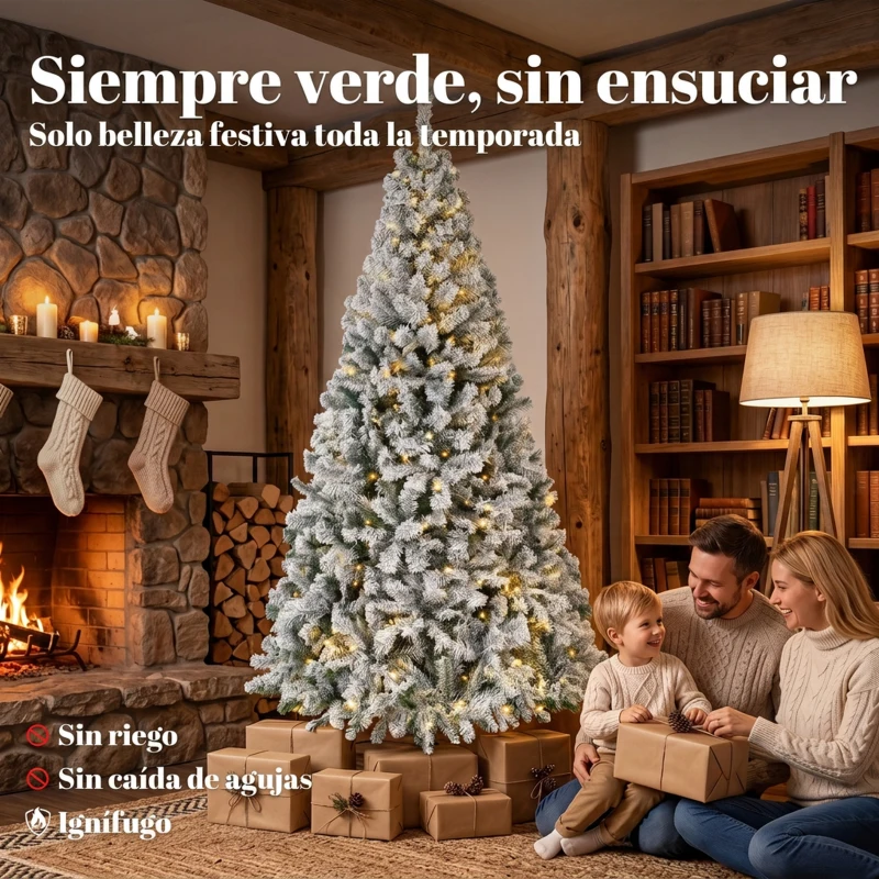 HOMCOM Árbol de Navidad Nevado con 240 Luces LED Blanco Cálido 200 cm 850 Ramas Ignífugas Abatibles Base Metálica Plegable