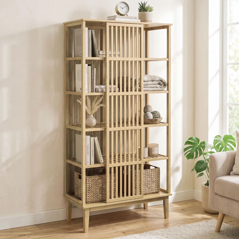 HOMCOM Armoire Chambre Penderie en Bambou 5 Niveaux avec Porte Coulissante, Design Aéré à Lattes, Bois Naturel