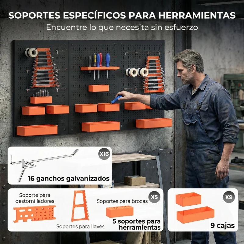 HOMCOM Organizador de Herramientas de Pared de 33 Piezas 120x60 cm con Ganchos Contenedores y Estantes  Negro y Naranja