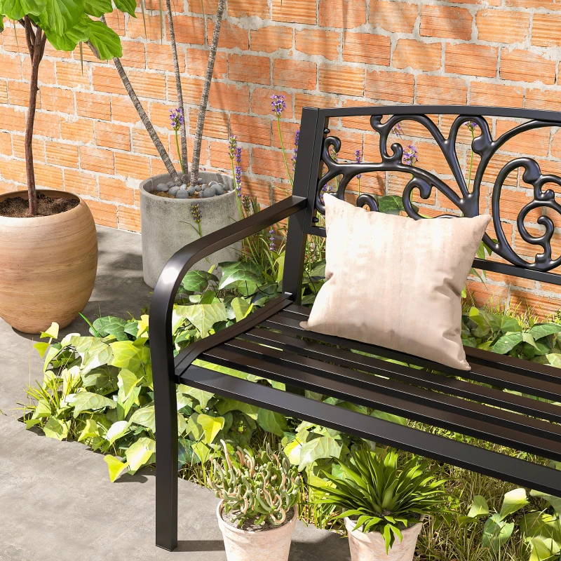 Outsunny Panchina da Giardino in Metallo con Schienale Decorato, 127x60x87cm - Nero