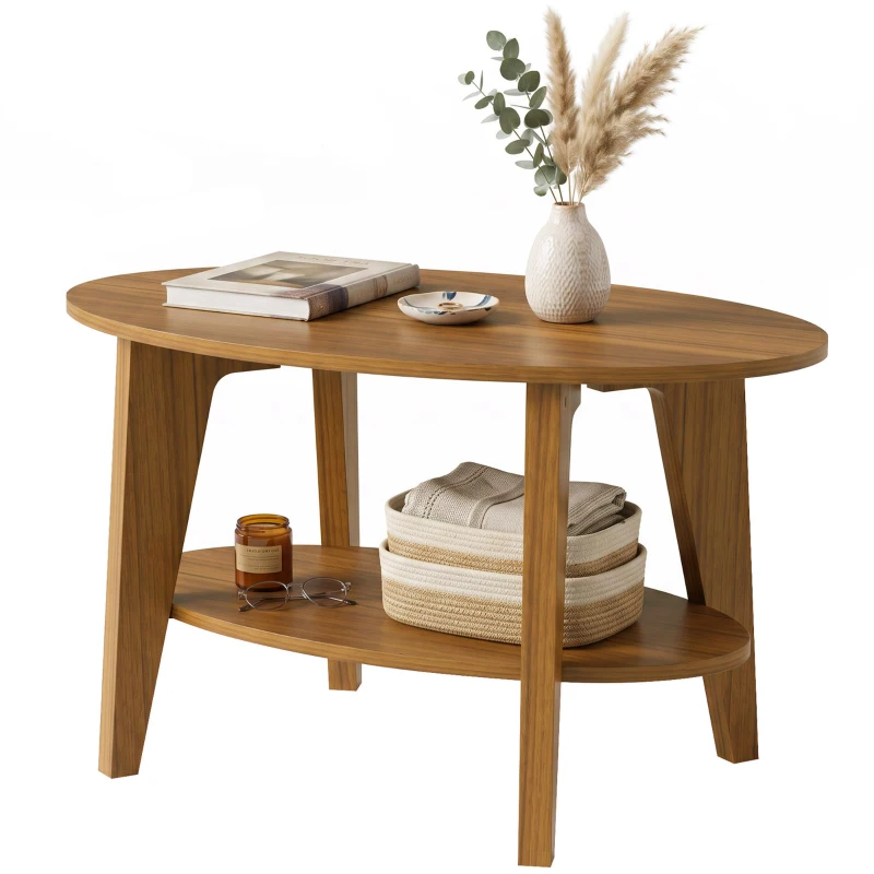 HOMCOM Masă de cafea ovală cu 2 nivele, masă de living modernă cu raft inferior deschis, 80 x 50 x 45 cm, Stejar
