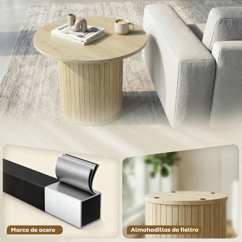 HOMCOM Mesa de Centro Redonda con Base de Columna con Listones para Sala de Estar Dormitorio Ø60x40 cm Natural