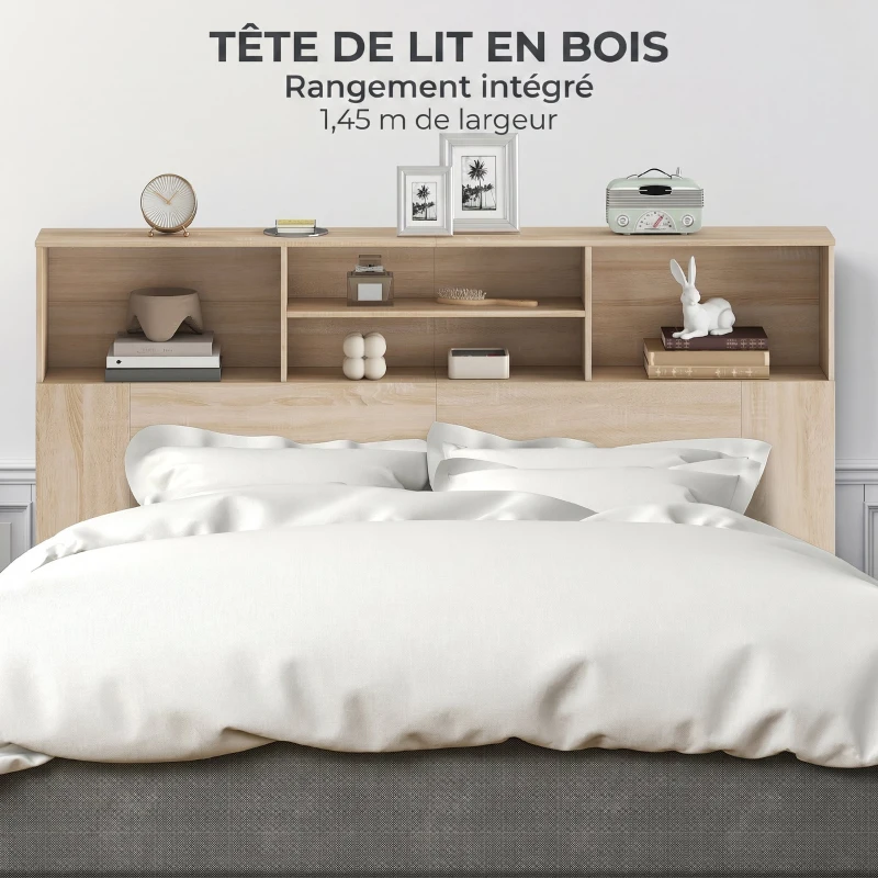 HOMCOM Tête de lit sur pied avec rangements, accessoire de lit 4 compartiments ouverts, 160 x 20,2 x 108,2 cm, bois naturel