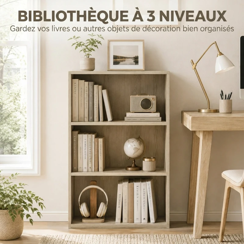 HOMCOM Bibliothèque étagère de rangement avec 3 compartiments et étagère réglable, 60 x 24 x 93 cm, bois naturel
