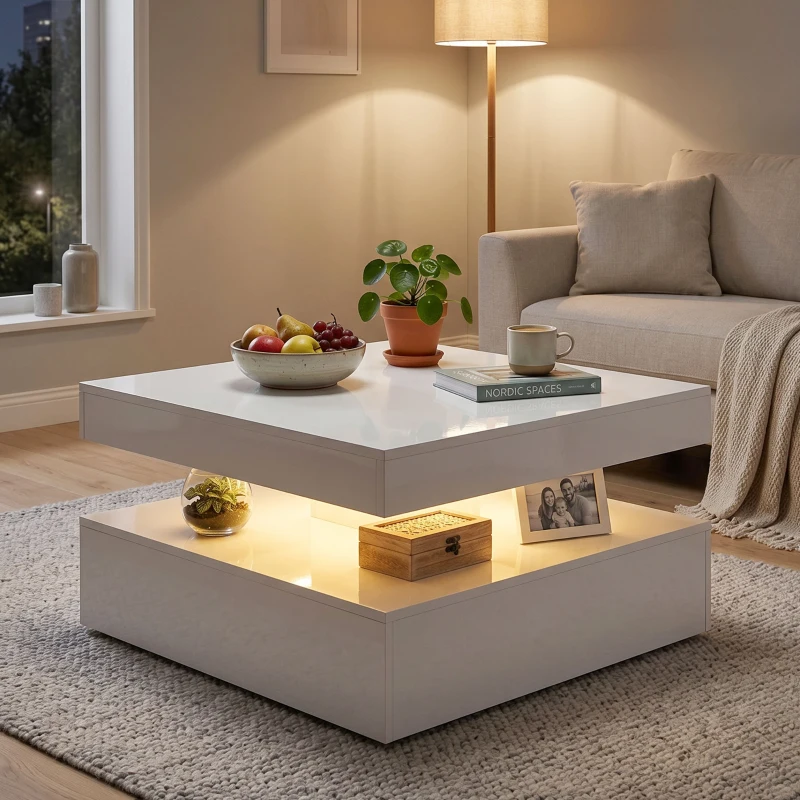HOMCOM LED Coffee Table with Storage, 2-Tier Modern Centre Table with Open Shelf and Remote for Living Room, High Gloss White