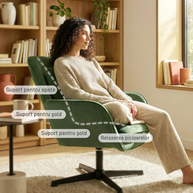 HOMCOM Fotoliu de Salon Rotativ 360° cu Pernă Lombară Detașabilă, Șezut Generos, Fotoliu Tapițat Modern din Catifea cu Cotiere, pentru Living, 73x83.5x85 cm, Verde
