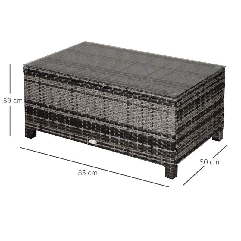 Outsunny Mesa Exterior Terraza de Ratán Sintético Mesa Auxiliar con Vidrio Templado para Terraza Patio Balcón 85x50x39 cm Gris