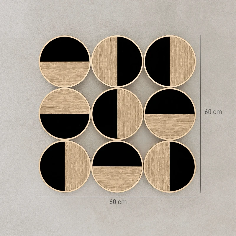 HOMCOM Cuadro Decorativo de Pared Geométrico Adorno Moderno 3D de 60x60 cm con Espejo de Plástico Negro y Madera Natural