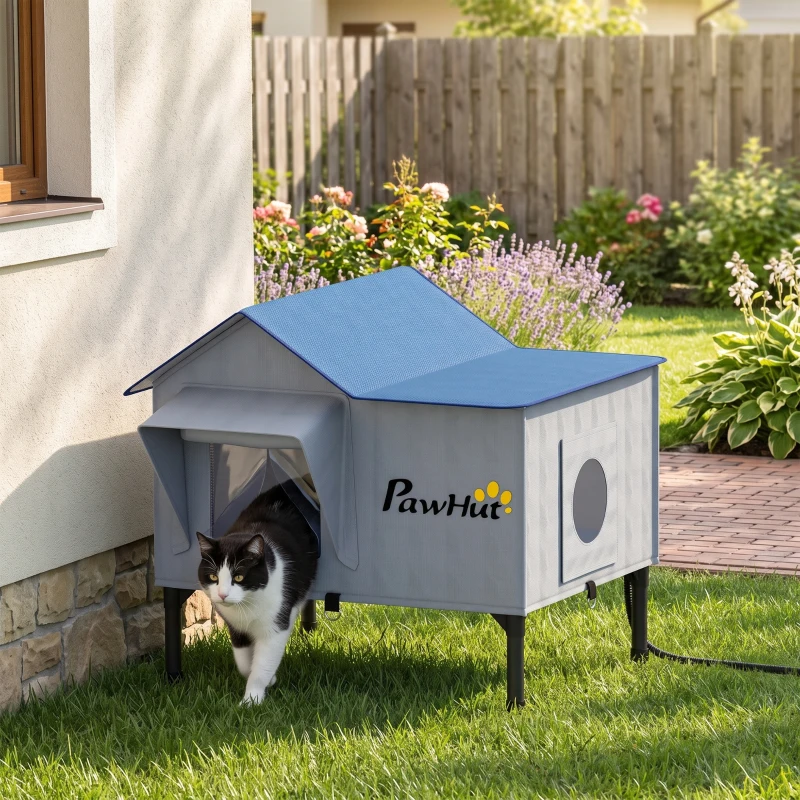 PawHut Niche Chauffante pour Chat d'Extérieur Imperméable Base Surélevée 5 cm Coussin Chauffant 55°C 51 x 41 x 55 cm Gris Clair