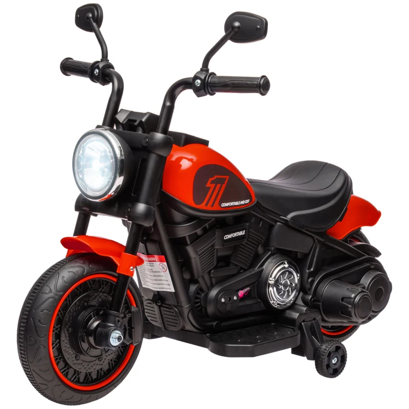 HOMCOM Motocicletă electrică pentru copii 18-36 luni cu roți ajutătoare și far, 76x42x57 cm, roșu și negru