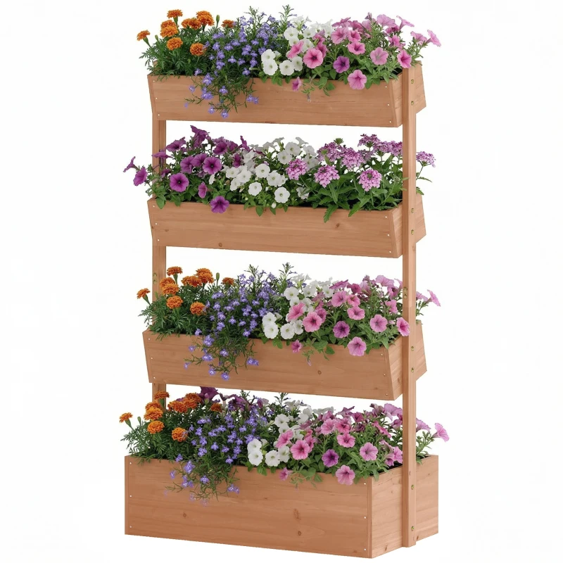Outsunny Jardinera de Madera de 4 Niveles Jardinera Elevada Exterior con Orificios de Drenaje Tela no Tejida Marrón
