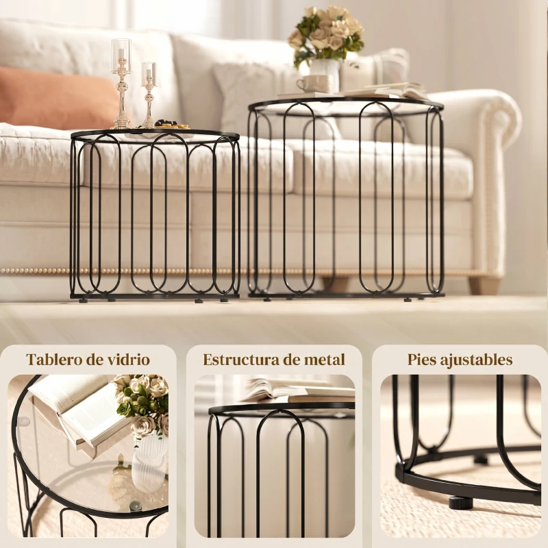 HOMCOM Conjunto de 2 Mesas Auxiliares Tipo Nido con Estructura de Metal y Encimera de Cristal Ø50x50 cm y Ø40x40 cm Negro