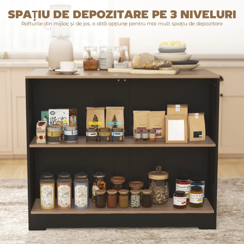 HOMCOM Bar Insulă Bucătărie cu 3 Rafturi pentru Living și Sufragerie, 113x60x90 cm, Negru și Lemn