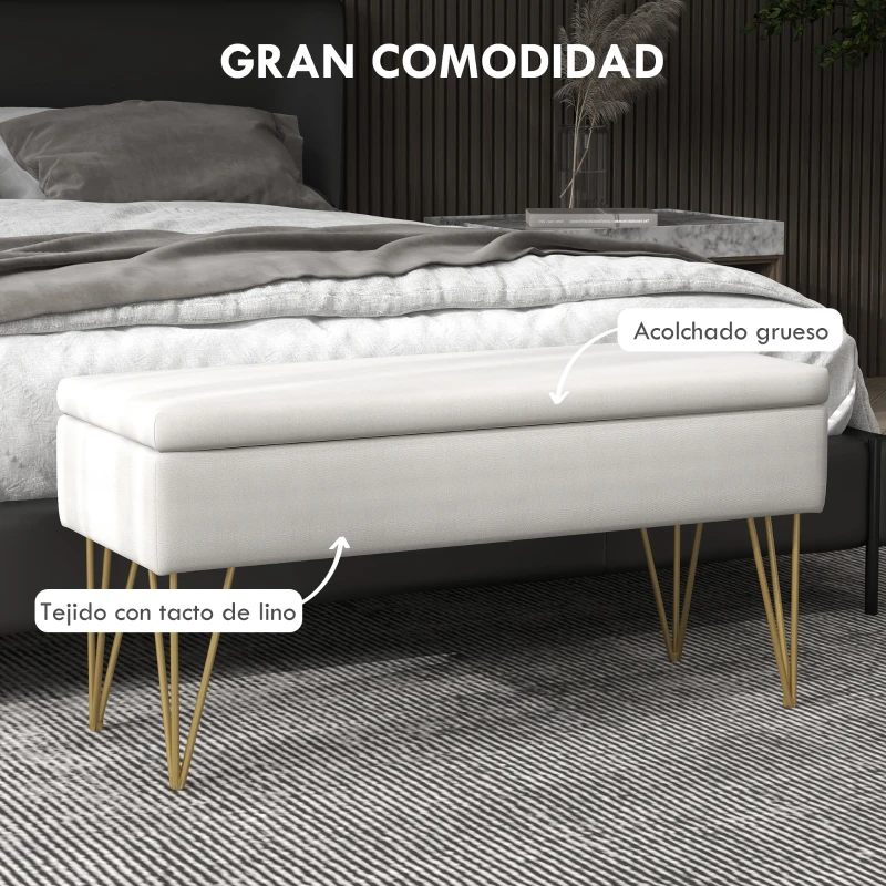 HOMCOM Banco Pie de Cama Tapizado en Lino Sintético con Patas de Acero y Asiento Acolchado Crema