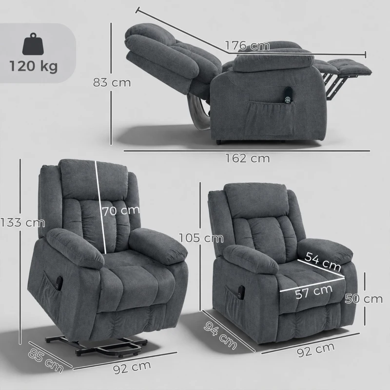 HOMCOM Sillón Relax Reclinable Eléctrico Levanta Personas con Puerto USB Control Remoto Asiento Ancho Reposapiés Gris