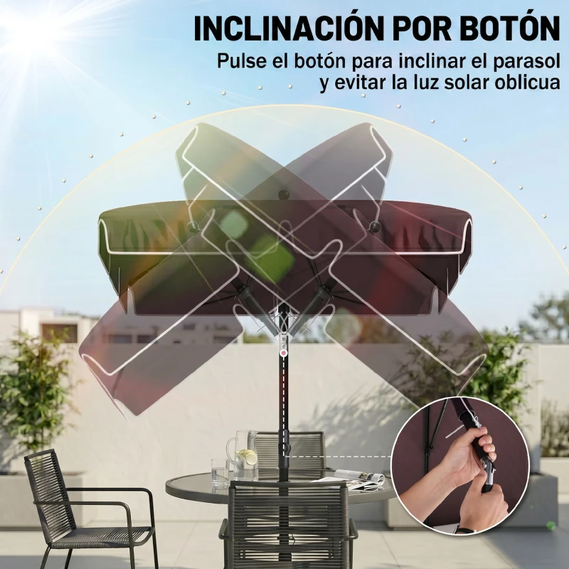 Outsunny Sombrilla de Terraza de Aluminio 2x1,3x2,5 m Parasol de Jardín Rectangular con Función de Inclinación Café