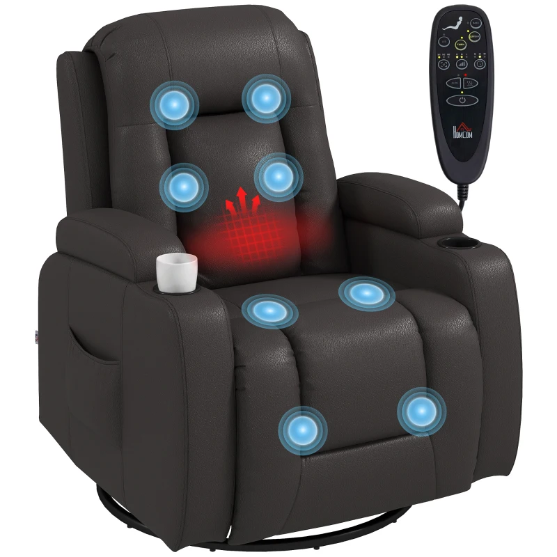 HOMCOM PU Leather Recliner Chair, Recliner Armchair with Extended Footrest, Cup Holders and Side Pockets, Dark Brown