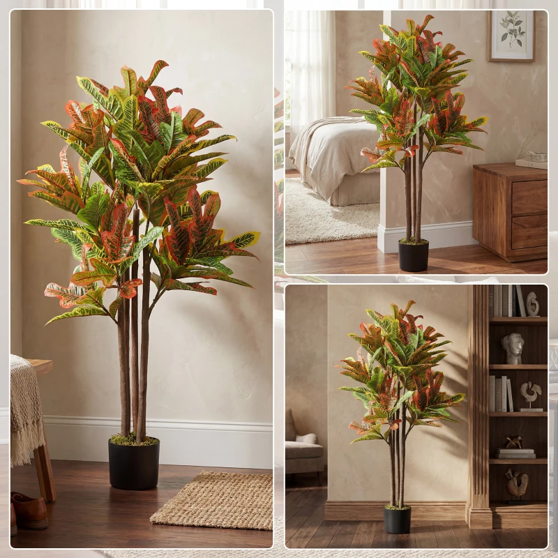 HOMCOM Crotón Artificial 120 cm Planta Artificial Decorativa con Maceta y Hojas para Decoración del Interior Multicolor