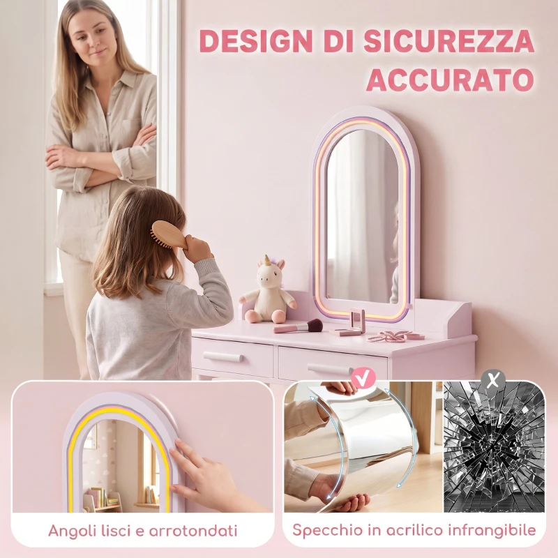 AIYAPLAY Set Toeletta Trucco Bambina con Sgabello, Specchio e LED a 3 Colori, Età 3-8 Anni, Rosa