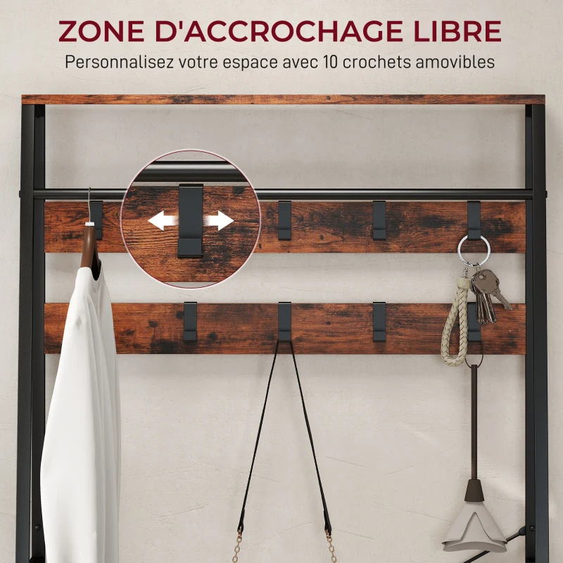 HOMCOM Meuble d'entrée 6 en 1 portemanteau tringle à vêtements étagère 2 tiroirs 10 crochet 80 x 30 x 180 cm brun rustique