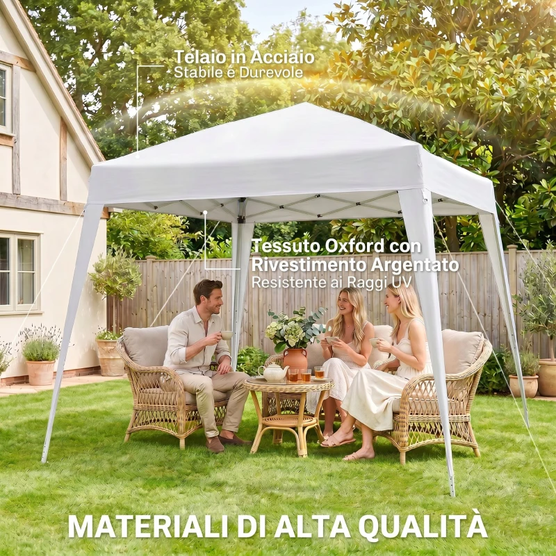 Outsunny Gazebo Pieghevole da Giardino 2.4x2.4m con Struttura in Acciaio e Corde Antivento, Bianco