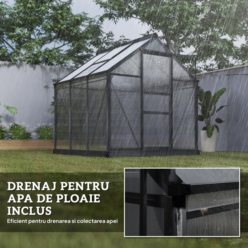 Outsunny Seră din Policarbonat și Aluminiu cu Ușă Culisantă, Fereastră de Aerisire și Jgheab, 1.9x1.9x2m, Gri