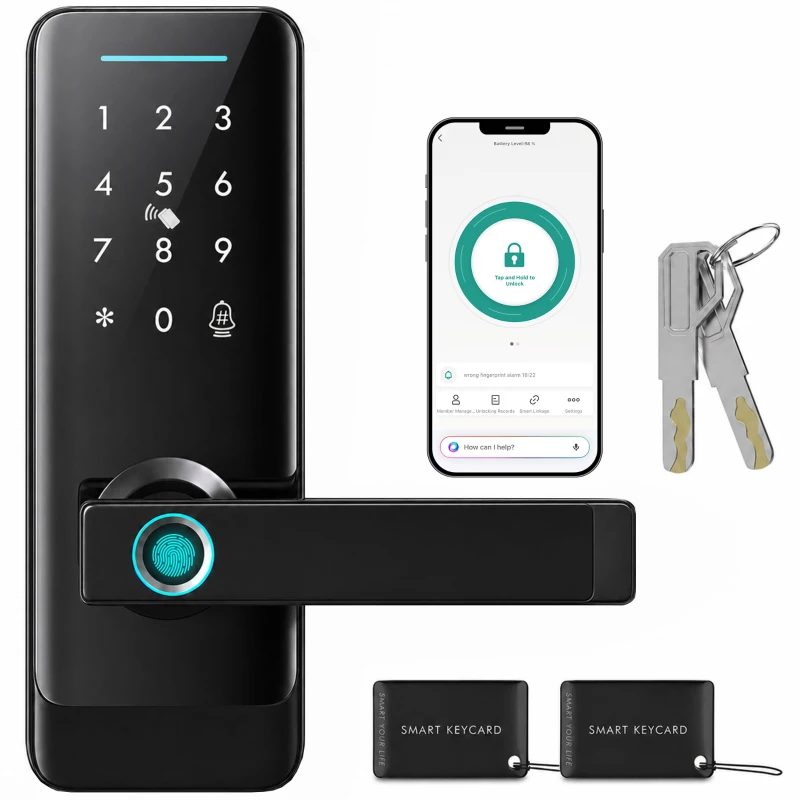 HOMCOM Smart Door Lock, 5-in-1 (Fingerprint/Passcode/Bluetooth APP/NFC Card/Key), Built-in Doorbell, Keyless Electronic Lock