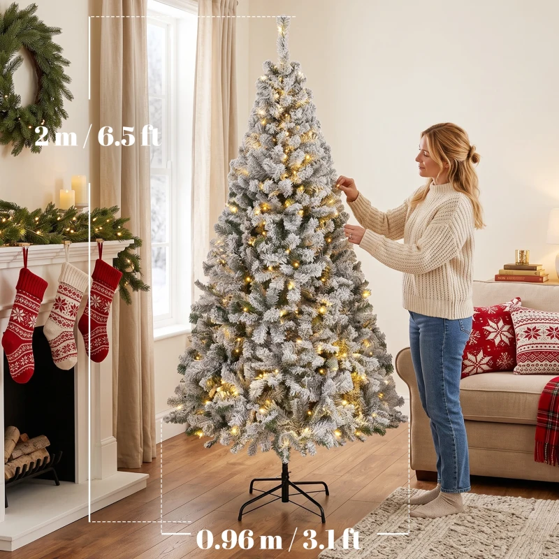HOMCOM Brad de Crăciun Înzăpezit 200 cm cu 240 LED-uri Alb Cald, 850 Ramuri, Bază Pliabilă, Alb și Verde