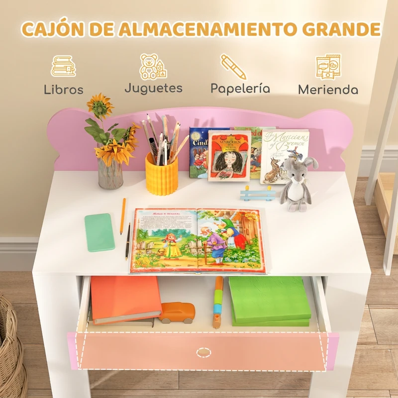 AIYAPLAY Escritorio Infantil con Silla en Forma de Osito con Cajón para Leer y Estudiar Mesa 80x41x74,5 cm y Silla 32,5x38x59 cm