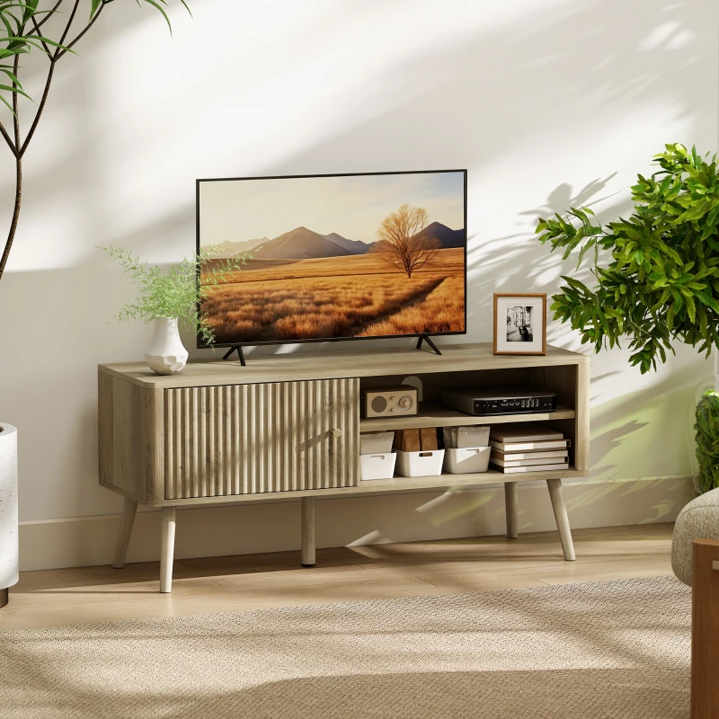 HOMCOM Mesa de TV con Puerta Estante Ajustable Compartimentos Abiertos y Orificio para Televisión hasta 55 Pulgadas Roble