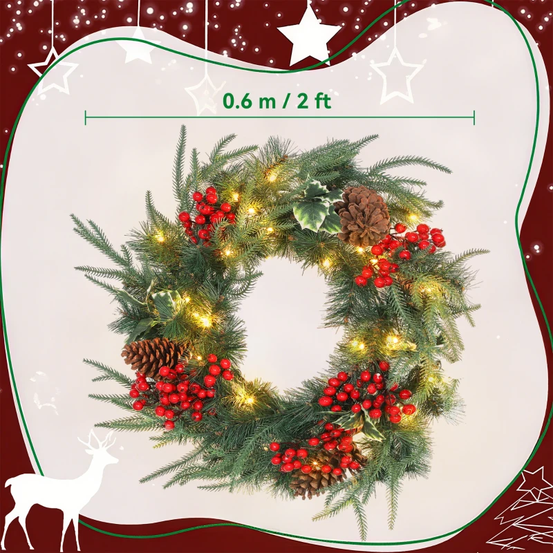 HOMCOM Ghirlandă de Crăciun de 60 cm cu lumini LED albe, timer, conuri, boabe și frunze de ilex, verde