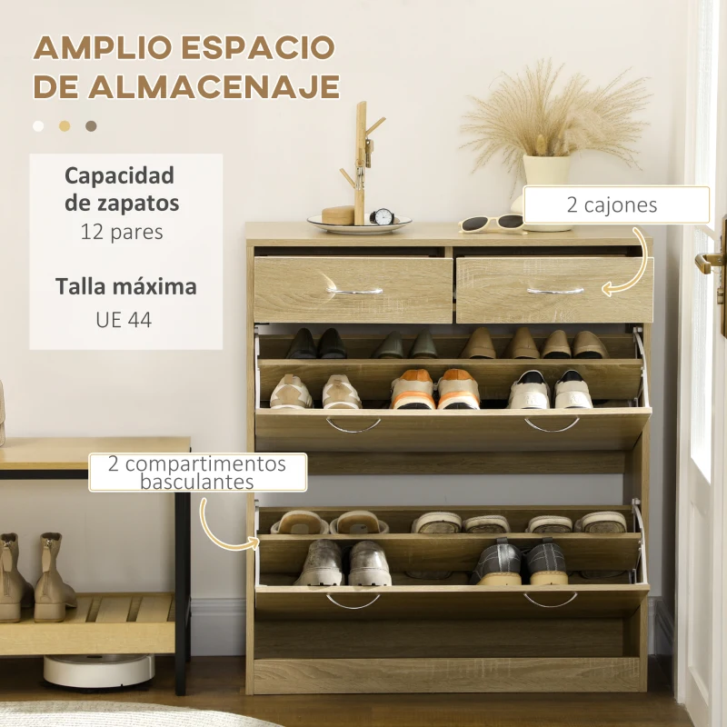 HOMCOM Mueble Zapatero Estrecho Armario de Zapatos con 2 Cajones Abatibles para 12 Pares de Zapatos 80x30x91,5 cm Roble