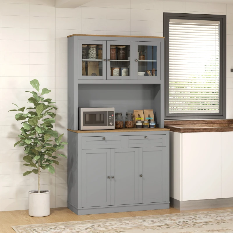 HOMCOM Alacena de Cocina con 3 Puertas de Vidrio Compartimento Abierto 2 Cajones y Estantes Ajustables 100x40x180 cm Gris