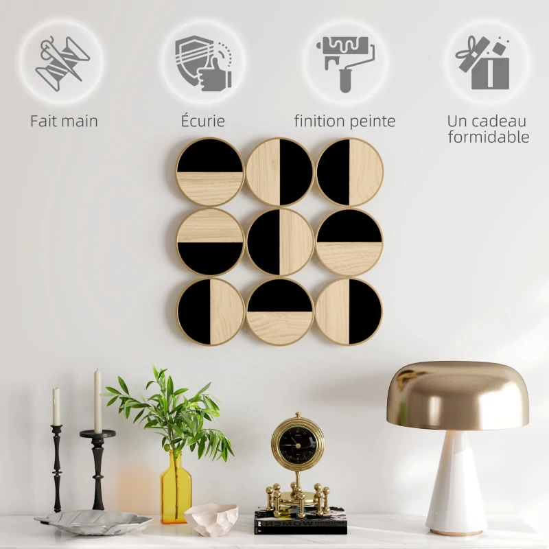 HOMCOM Décoration murale en métal, sculpture murale en métal, design unique à plusieurs disques, 60 x 60 cm, naturel et noir