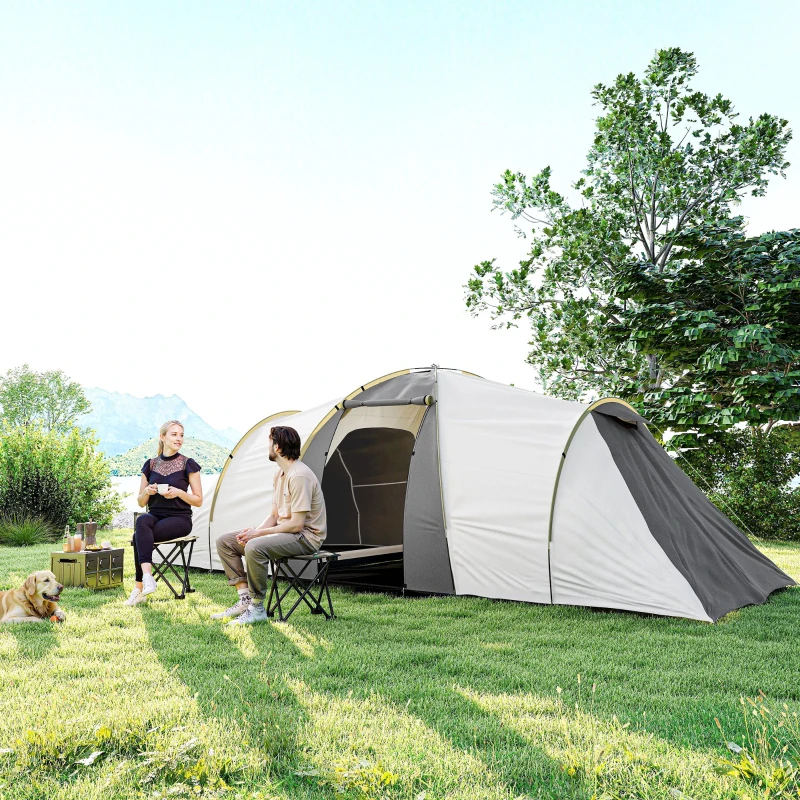 Outsunny Four-Man Tunnel Tent, with Two Bedrooms and Living Room - Grey/Yellow