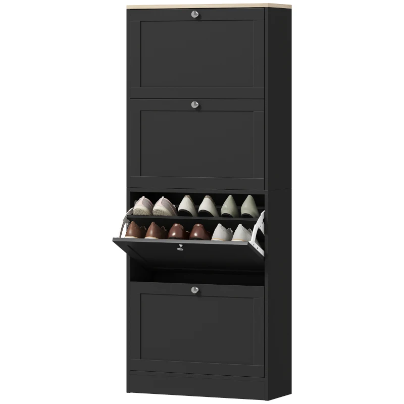 HOMCOM Meuble à chaussures 24 paires, armoire à chaussures avec 4 tiroirs rabattables, étagères réglables, 60x23,5x153cm, noir
