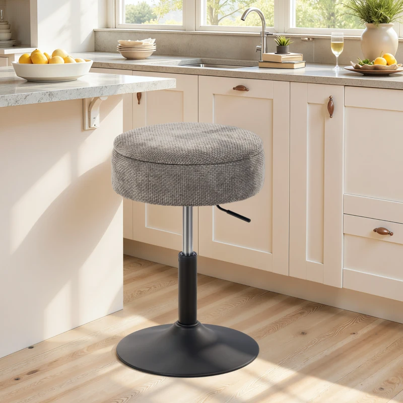 HOMCOM Taburete de Bar con Almacenaje Altura Ajustable Taburete de Cocina Redondo Giratorio Tapizado en Chenilla Gris