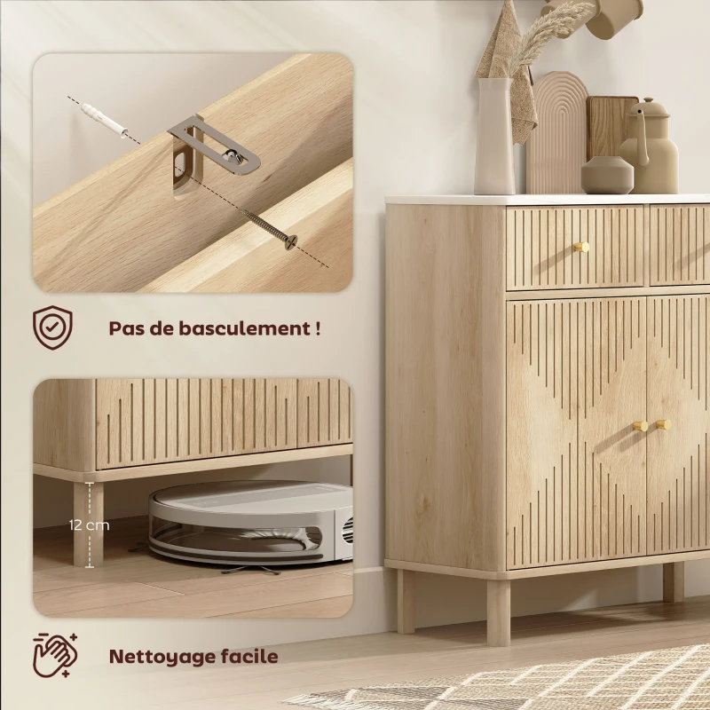 HOMCOM Buffet, meuble de rangement cannelé avec plateau effet marbre, 2 tiroirs, 2 portes, étagère réglable, 77x30x80cm, chêne(m-7)