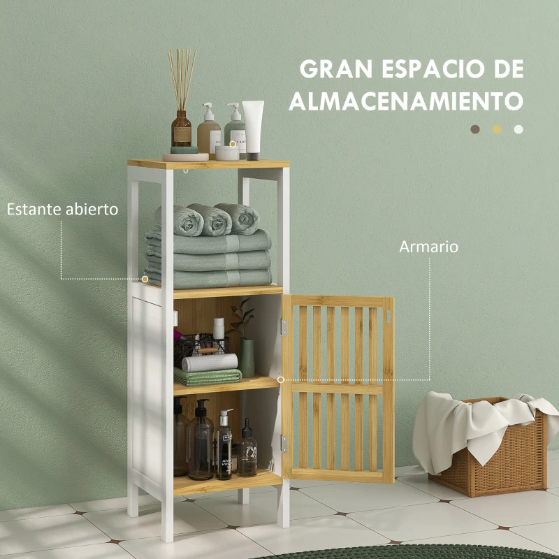 HOMCOM Columna de Baño Mueble Auxiliar de Baño con 1 Estante Abierto 1 Puerta y 1 Estante Ajustable 32x30x90,5 cm Natural