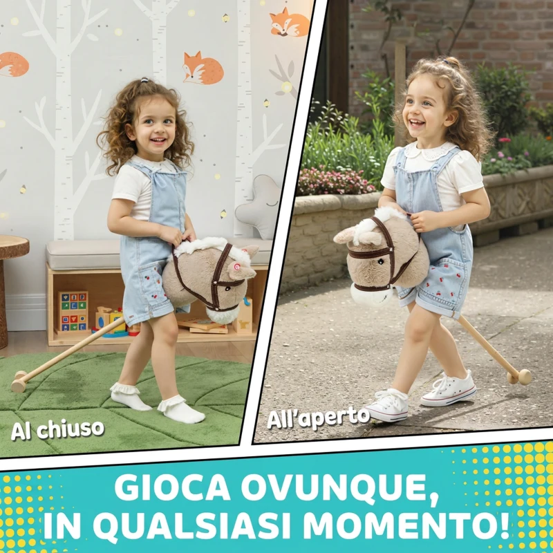 AIYAPLAY Cavallo con Bastone per Bambini 1-3 Anni con Suoni Realistici e Rotelle, 95x25x27 cm, Grigio