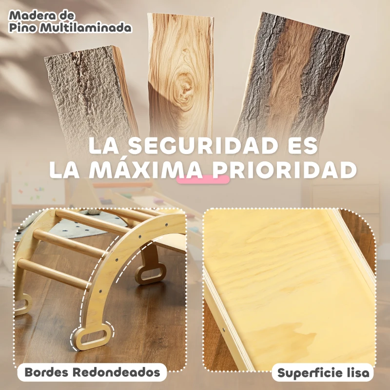 AIYAPLAY 5 en 1 Triángulo de Escalada de Madera Plegable con Rampa Escalador de Arco para Niños 178x64,5x63 cm Madera Natural