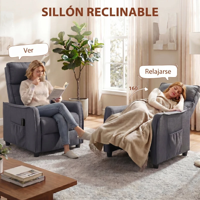 HOMCOM Sillón de Masaje Reclinable con Reposapiés 2 Zonas de Masaje Asiento de Muelles Bolsillos Tapizado en Lino Gris