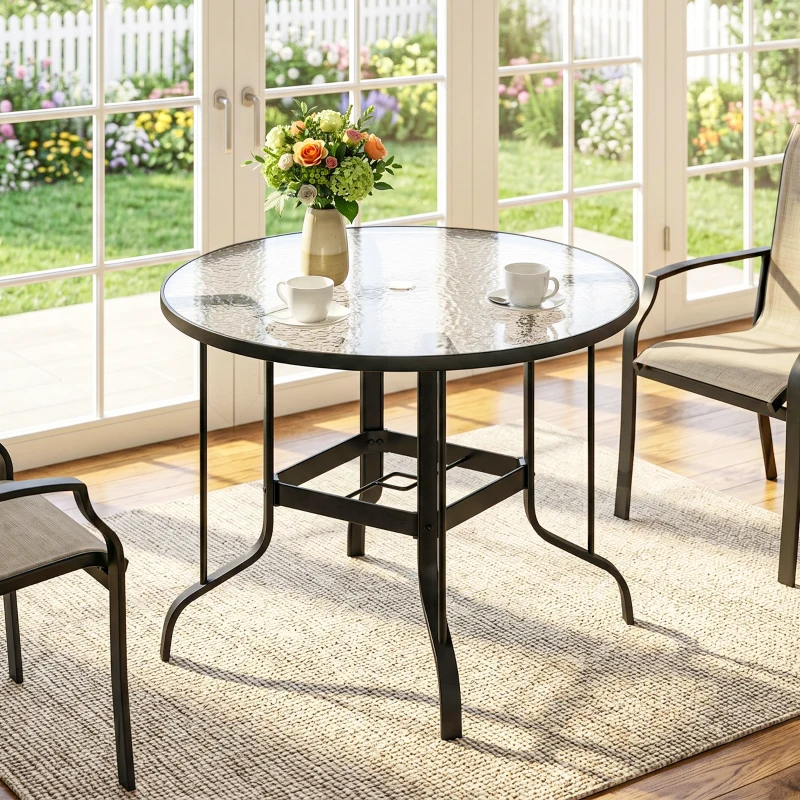 Outsunny Tempered Glass Top Round Outdoor Dining Table with Parasol Hole, 96.5 x 96.5 x 71 cm