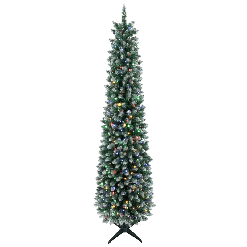 HOMCOM Schmaler Schneebedeckter Weihnachtsbaum mit 170 bicolor-LEDs 180 cm 351 schwer entflammbare Zweige 11 Modi Fernbedienung Grün