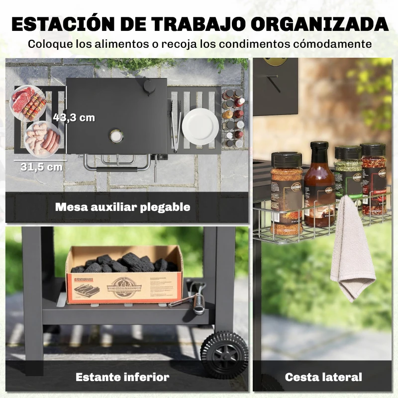 Outsunny Barbacoa de Carbón con Bandeja Ajustable Estantes Plegables Ruedas Termómetro Tapa Chimenea Ventilaciones y Cesta