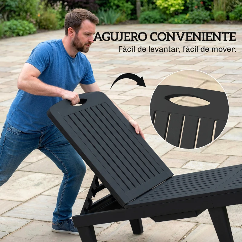 Outsunny Conjunto de 2 Tumbonas Reclinables de Plástico PP con Bandeja Lateral Respaldo Ajustable 5 Niveles 192x57x28,5 cm Negro