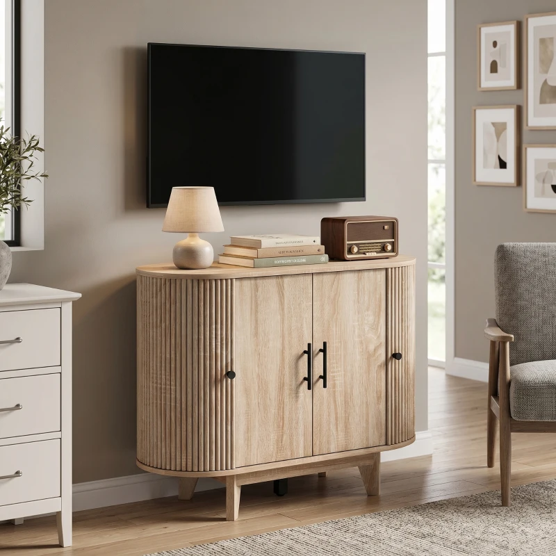 HOMCOM Buffet salon, meuble de rangement ovale avec 4 portes et étagère réglable, 90 x 40 x 76 cm, chêne